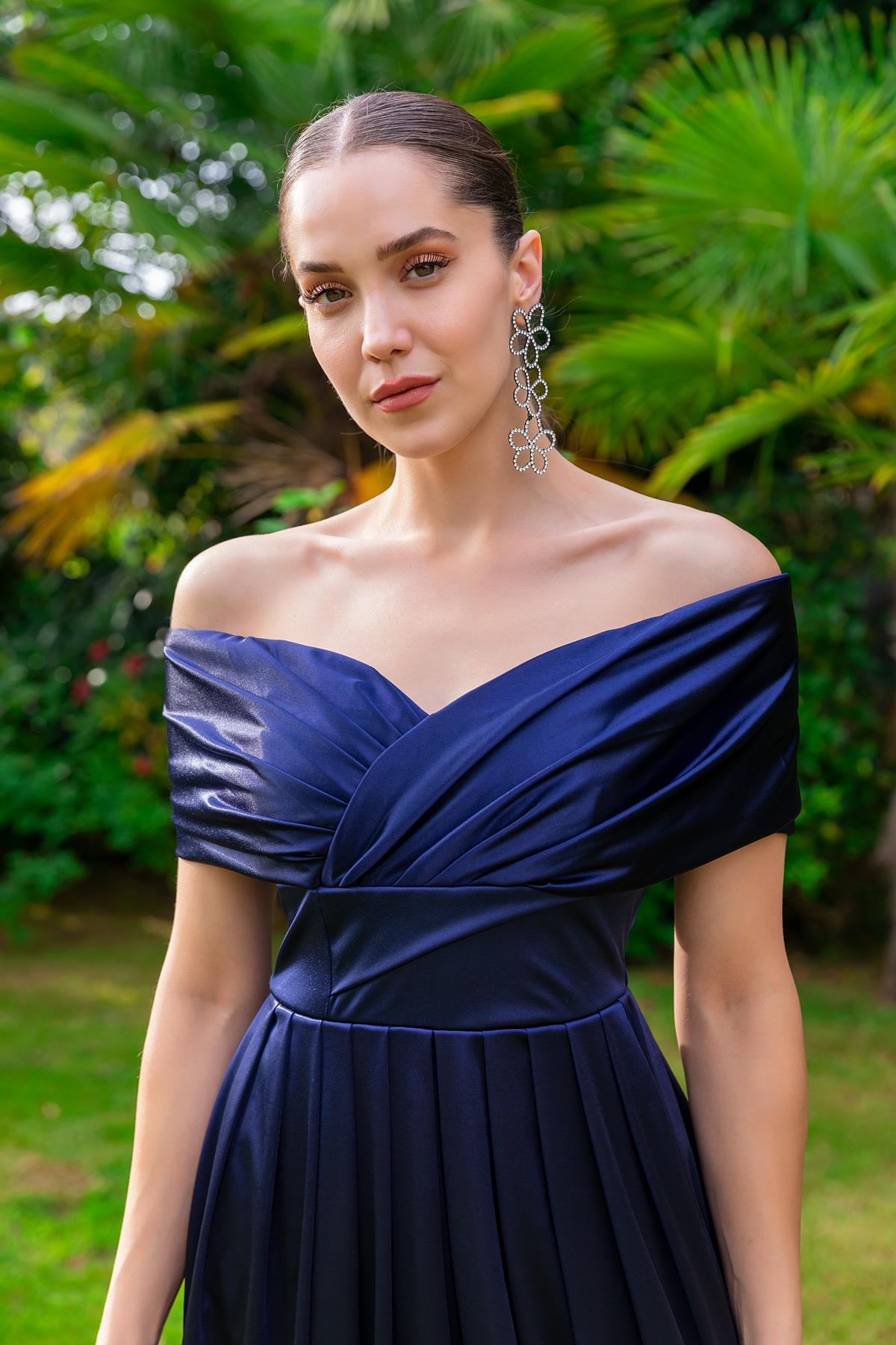 Pleated Satin Evening Dress - NAVY BLUE - Lebbse