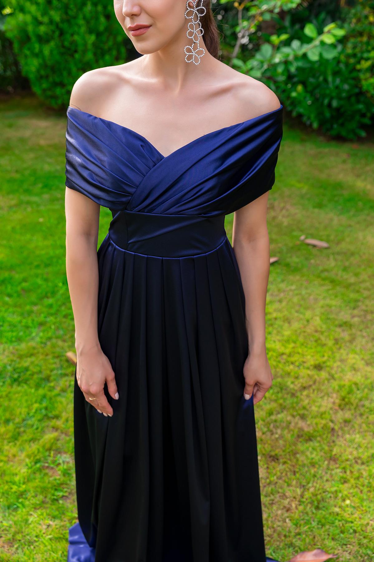 Pleated Satin Evening Dress - NAVY BLUE - Lebbse