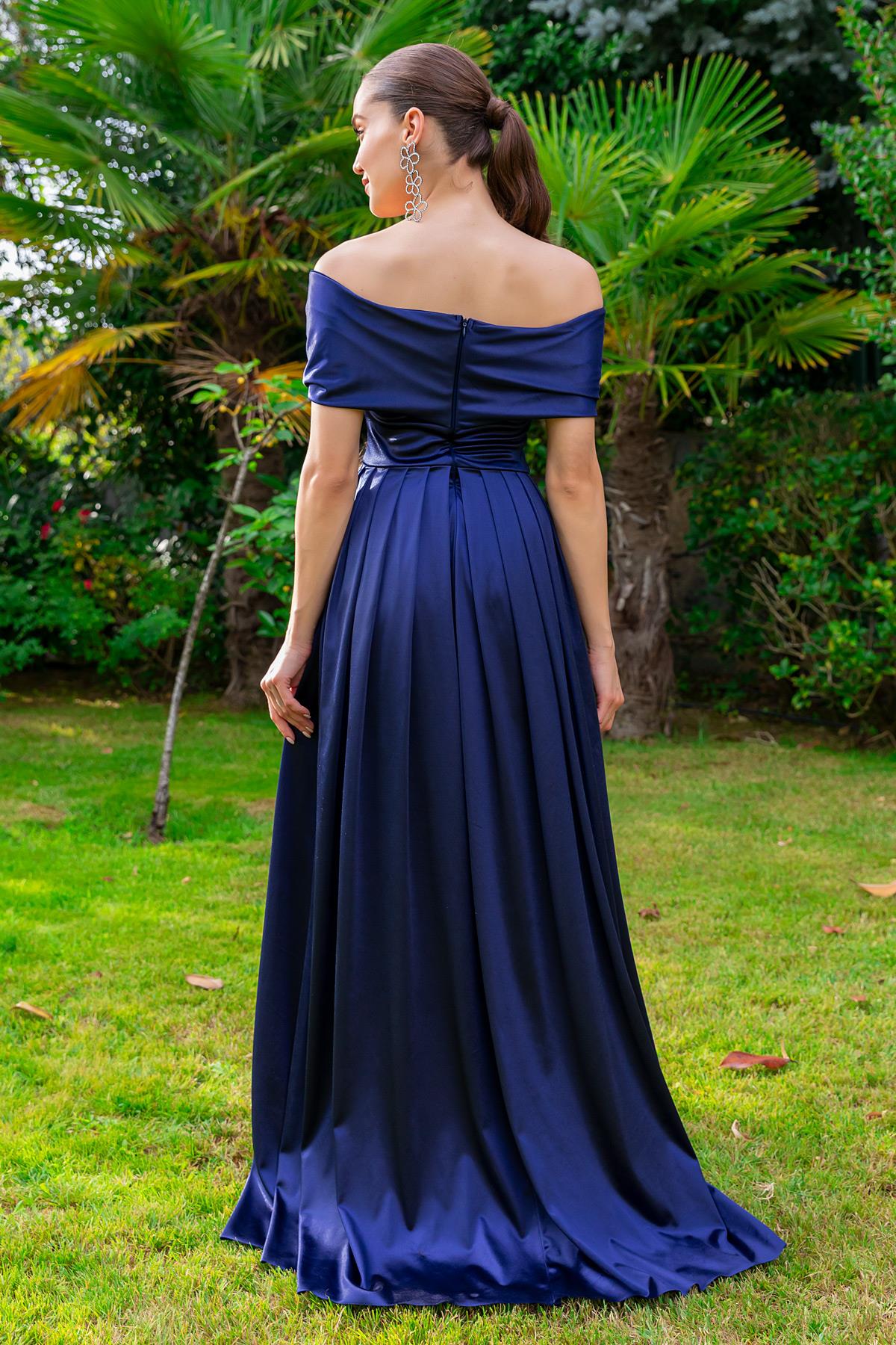 Pleated Satin Evening Dress - NAVY BLUE - Lebbse