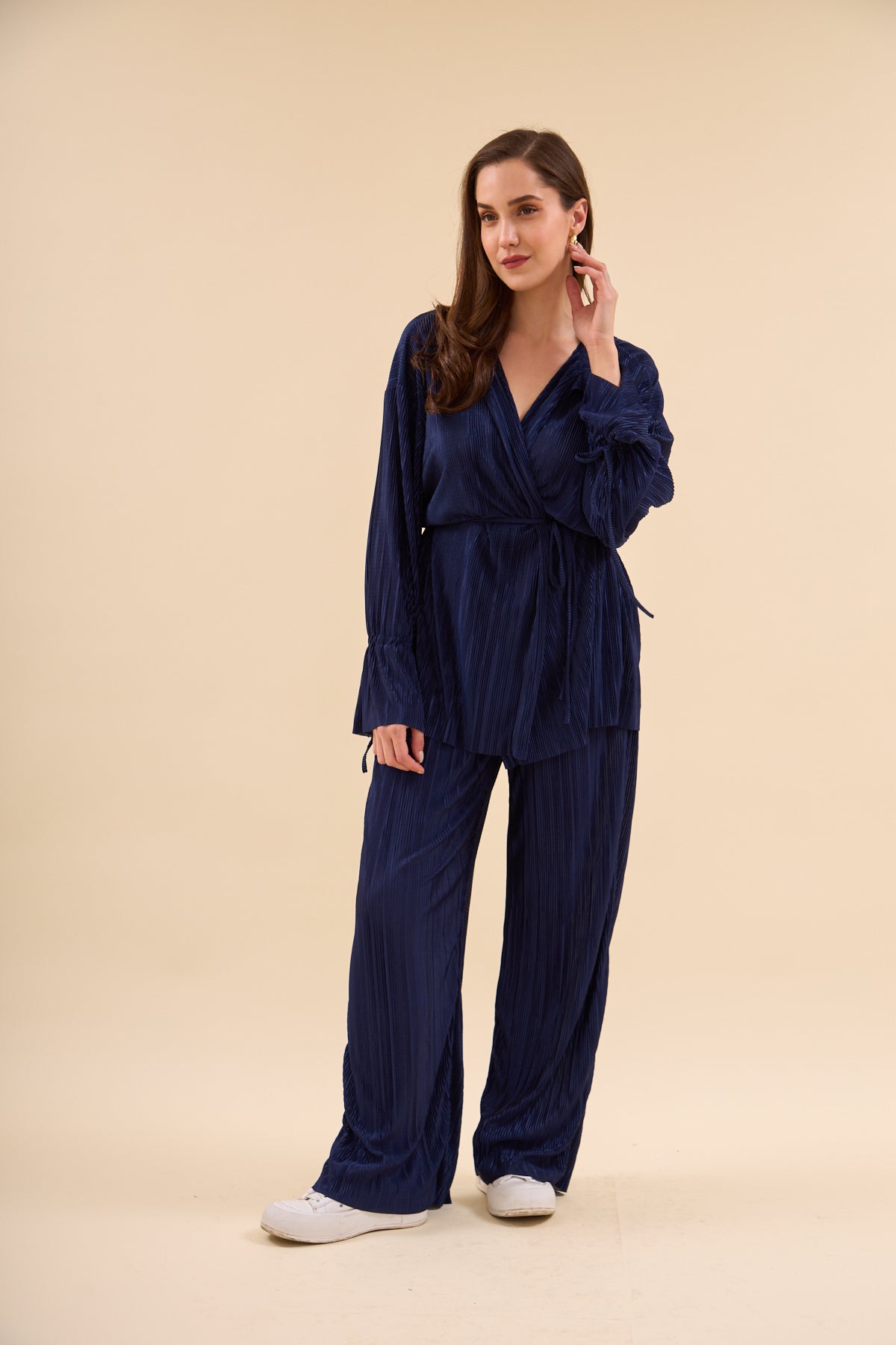 Pleated Short Kimona Set Navy Blue - Lebbse