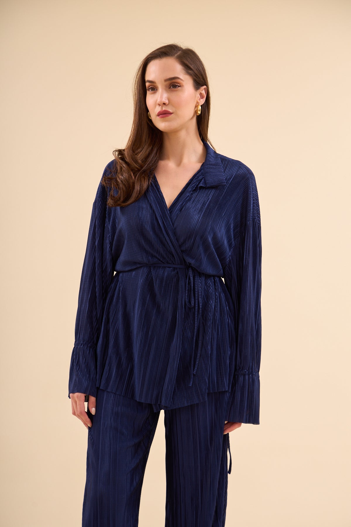 Pleated Short Kimona Set Navy Blue - Lebbse