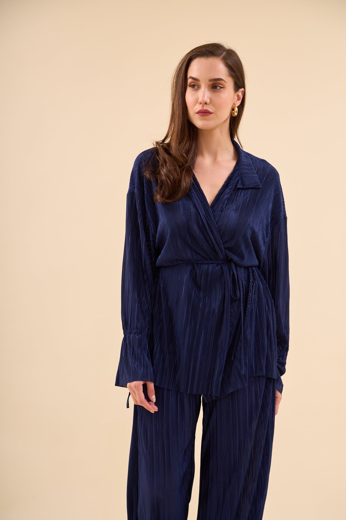 Pleated Short Kimona Set Navy Blue - Lebbse