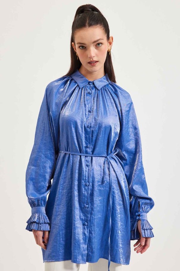 2- قميص نسائي أزرق طويل بتفاصيل اكمام مكشكشة - Pleated Sleeves Blue Shirt