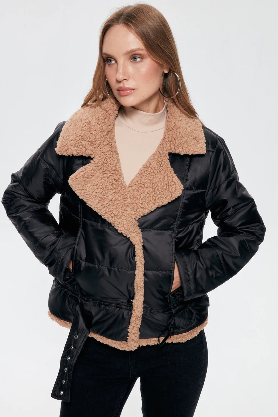 Plush Detailed Puffer Jacket Black - Lebbse