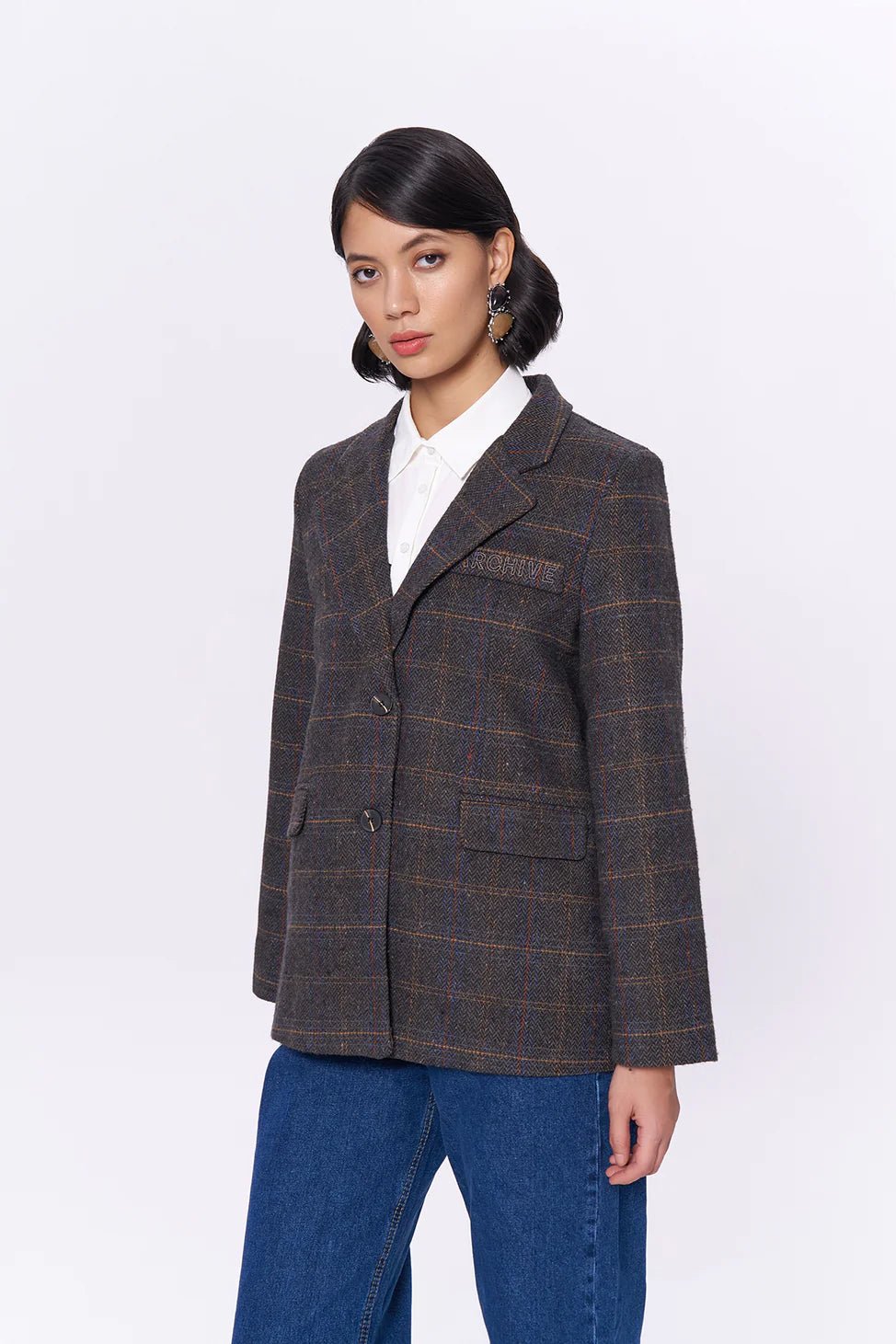 Pocket Writing Detailed Tweed Blazer Jacket Brown - Lebbse