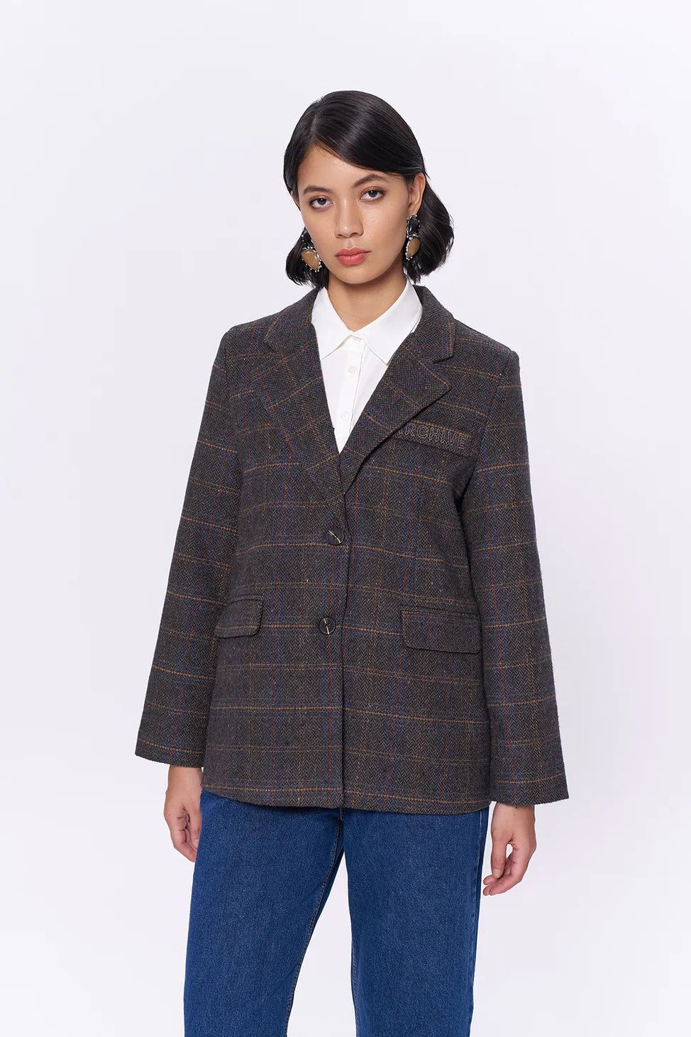 Pocket Writing Detailed Tweed Blazer Jacket Brown - Lebbse