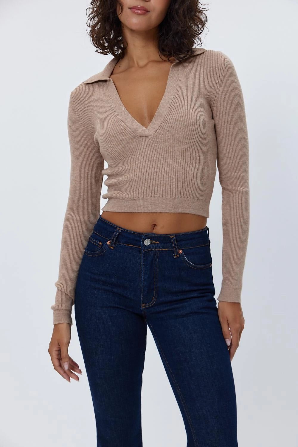 Polo Collar Knitted Brown Women's Sweater - Lebbse