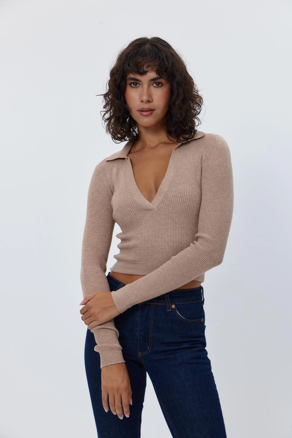 Polo Collar Knitted Brown Women's Sweater - Lebbse