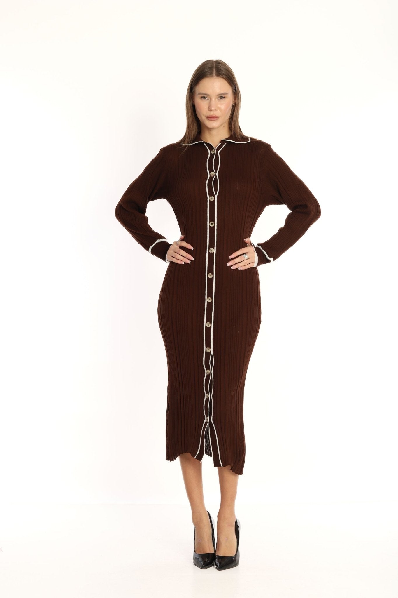 3- فساتين تريكو للمحجبات طويل بياقة بولو بني - POLO NECK LONG KNITWEAR DRESS BROWN
