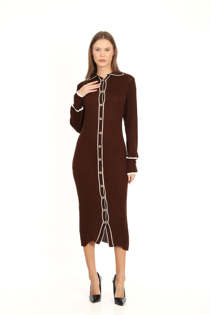 2- فساتين تريكو للمحجبات طويل بياقة بولو بني - POLO NECK LONG KNITWEAR DRESS BROWN