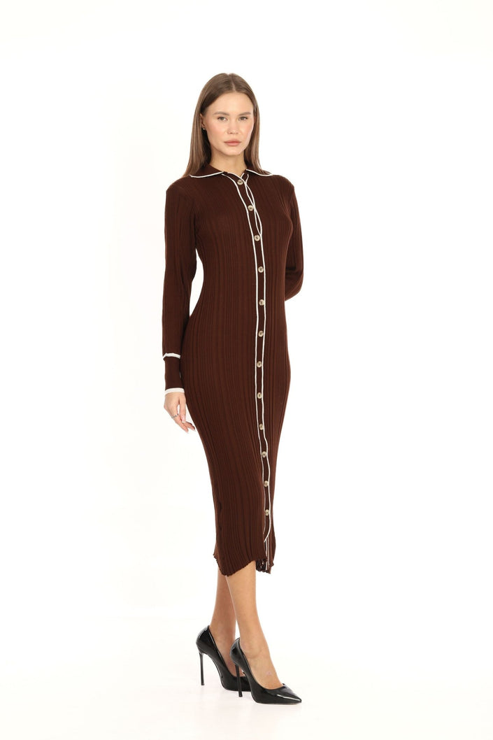 فساتين تريكو للمحجبات طويل بياقة بولو بني - POLO NECK LONG KNITWEAR DRESS BROWN
