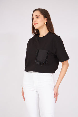 Poplin Stone Embroidered Tshirt Black - Lebbse