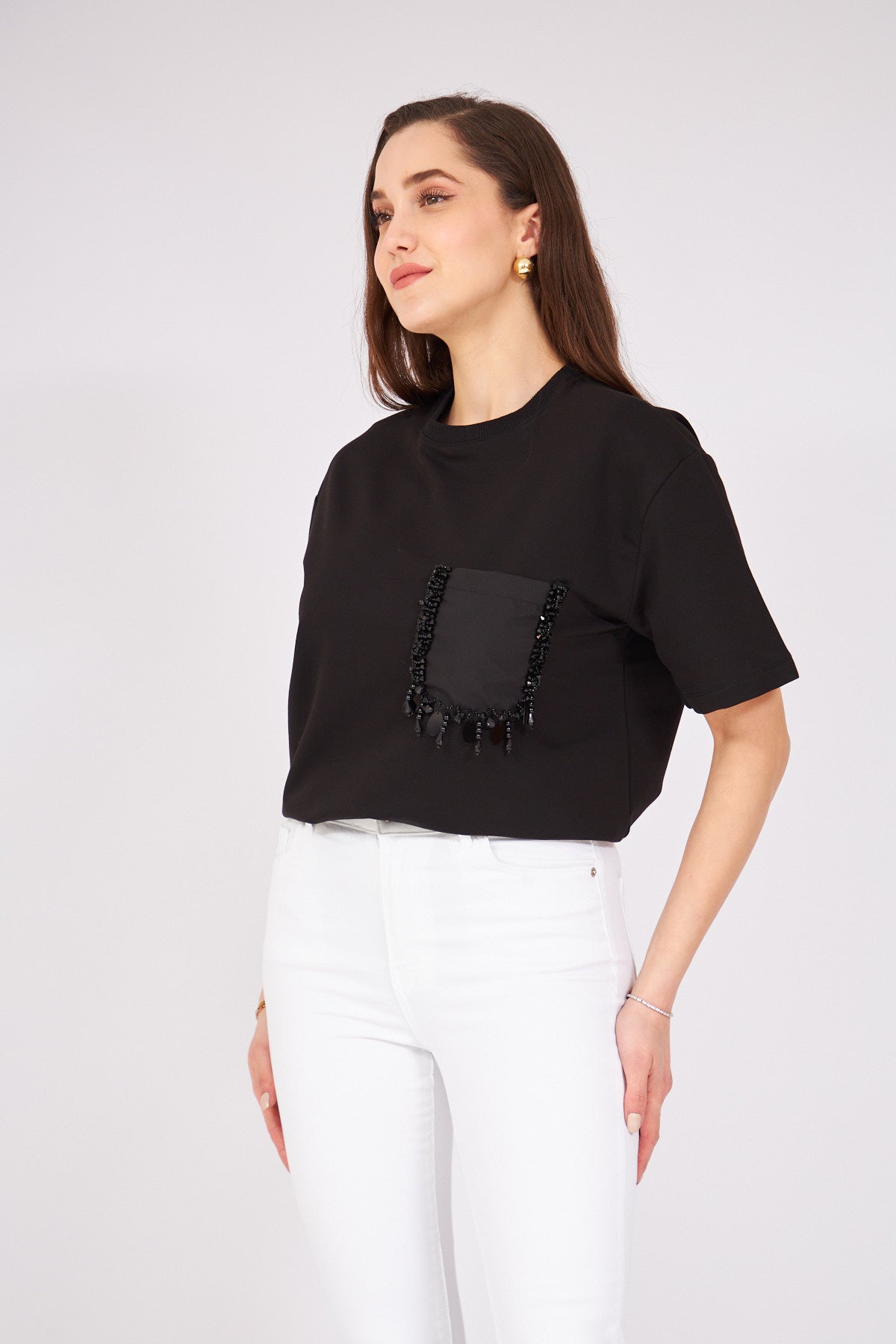 Poplin Stone Embroidered Tshirt Black | CLOTHES | Lebbse
