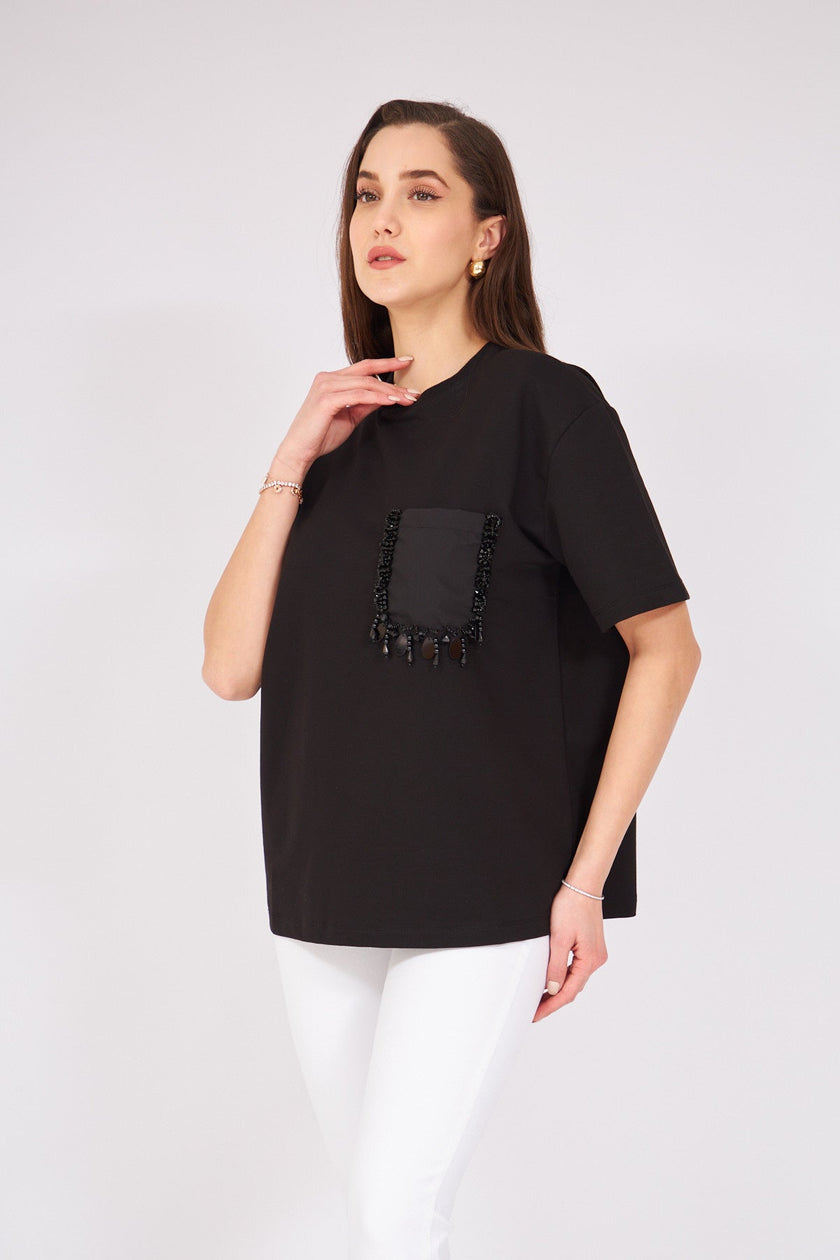 Poplin Stone Embroidered Tshirt Black - Lebbse