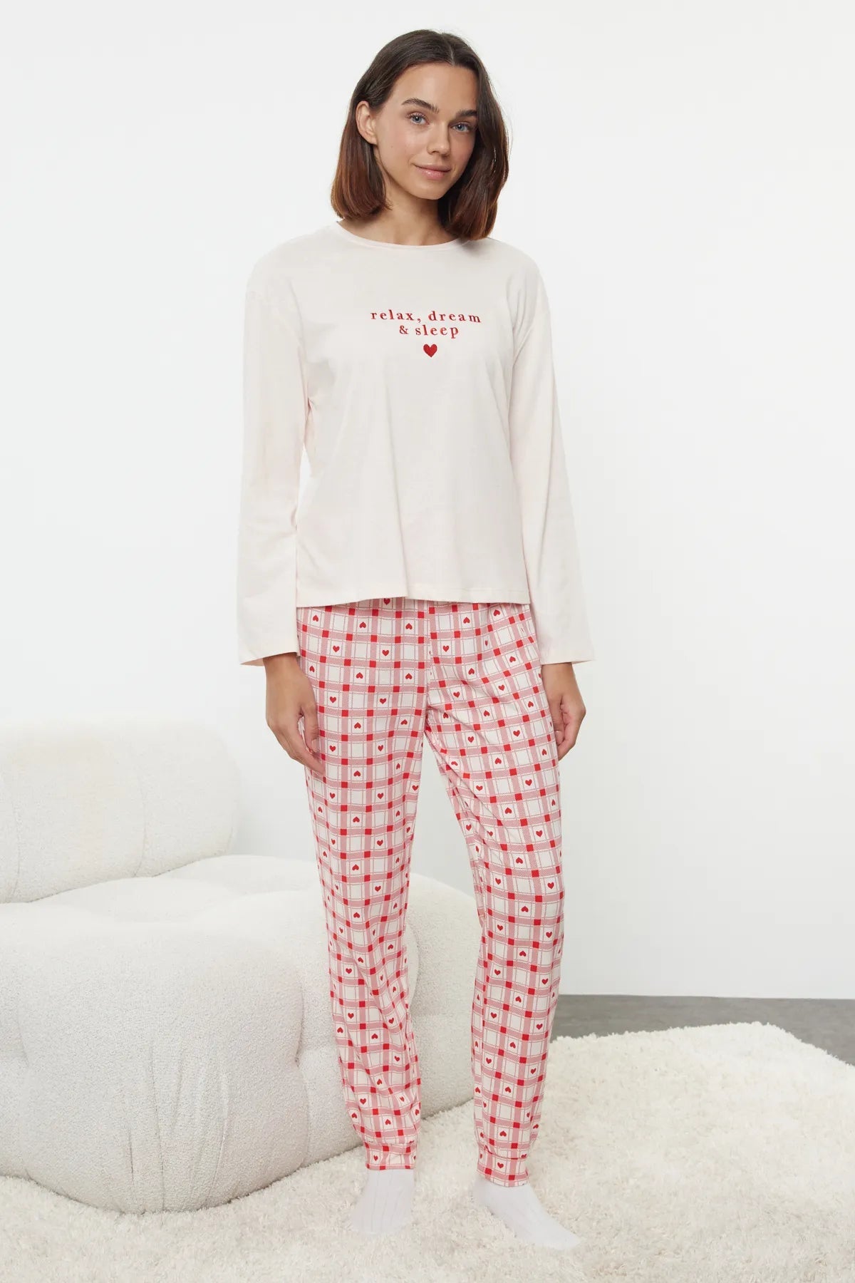 Powder 100% Cotton Slogan Embroidered Heart Plaid Knitted Pajama Set - Lebbse