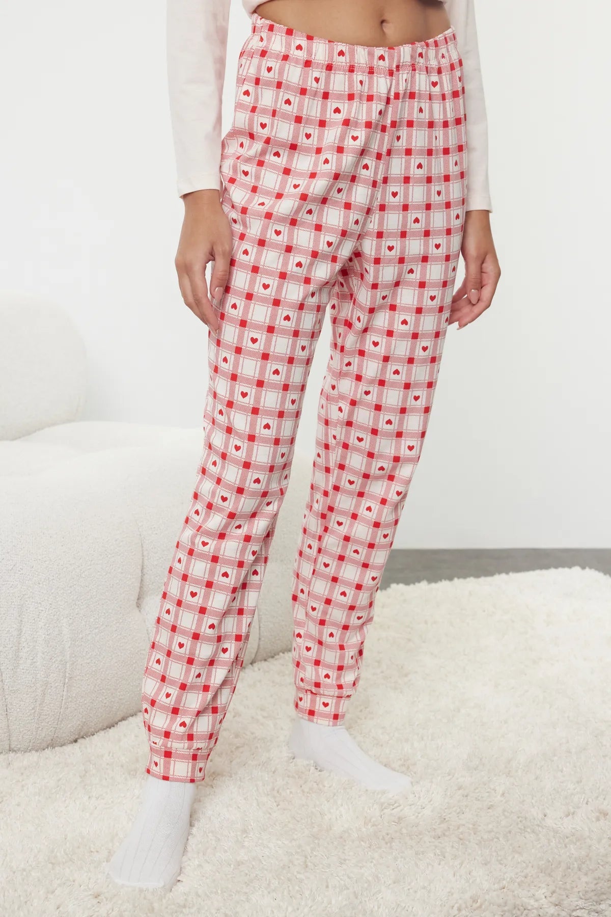 Powder 100% Cotton Slogan Embroidered Heart Plaid Knitted Pajama Set - Lebbse