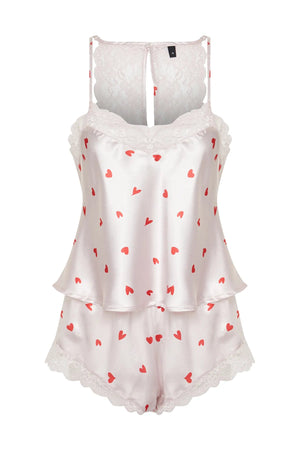 Powder Satin Heart Lace Detailed Rope Strap Woven Pajama Set - Lebbse