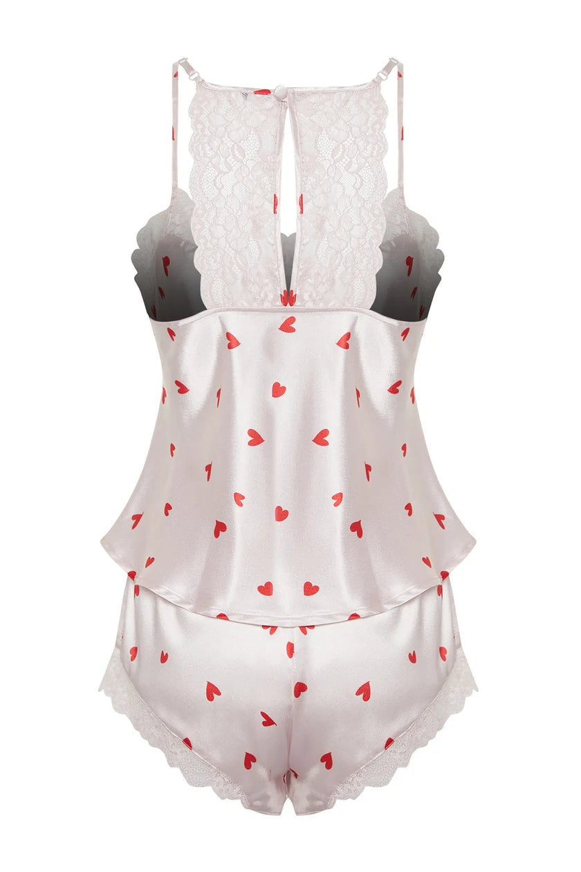 Powder Satin Heart Lace Detailed Rope Strap Woven Pajama Set - Lebbse