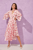 5- فتحة الرقبة فستان V بودرة بياقة وأكمام طويلة وطيات - Powder V-Neck Tie Detailed Long Sleeve Pleated Patterned Dress
