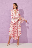 فتحة الرقبة فستان V بودرة بياقة وأكمام طويلة وطيات - Powder V-Neck Tie Detailed Long Sleeve Pleated Patterned Dress