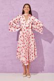2- فتحة الرقبة فستان V بودرة بياقة وأكمام طويلة وطيات - Powder V-Neck Tie Detailed Long Sleeve Pleated Patterned Dress