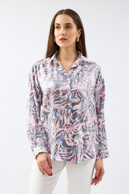 Printed Patterned Shirt Pink Blue - Lebbse