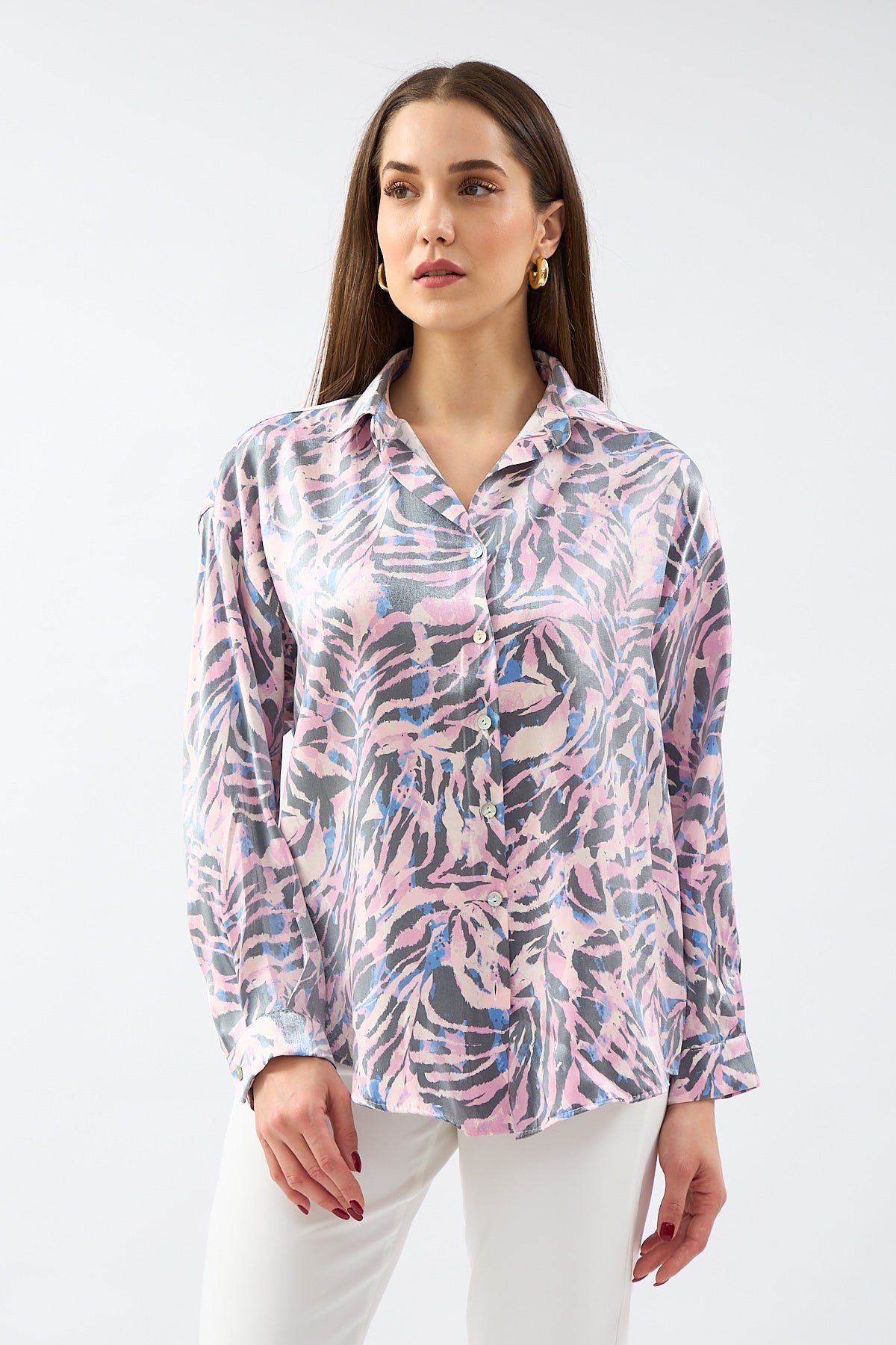 قميص نسائي منقوش مطبوع باللون الوردي والأزرق - Printed Patterned Shirt Pink Blue