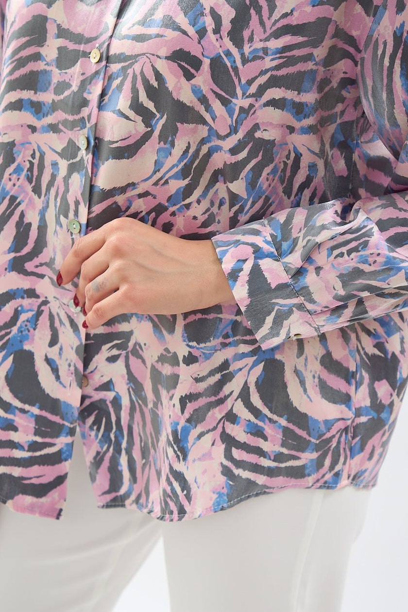 5- قميص نسائي منقوش مطبوع باللون الوردي والأزرق - Printed Patterned Shirt Pink Blue