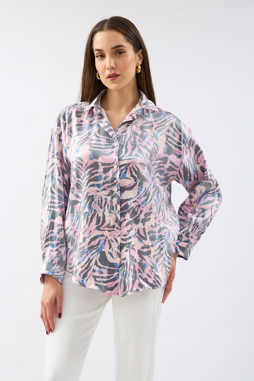 2- قميص نسائي منقوش مطبوع باللون الوردي والأزرق - Printed Patterned Shirt Pink Blue