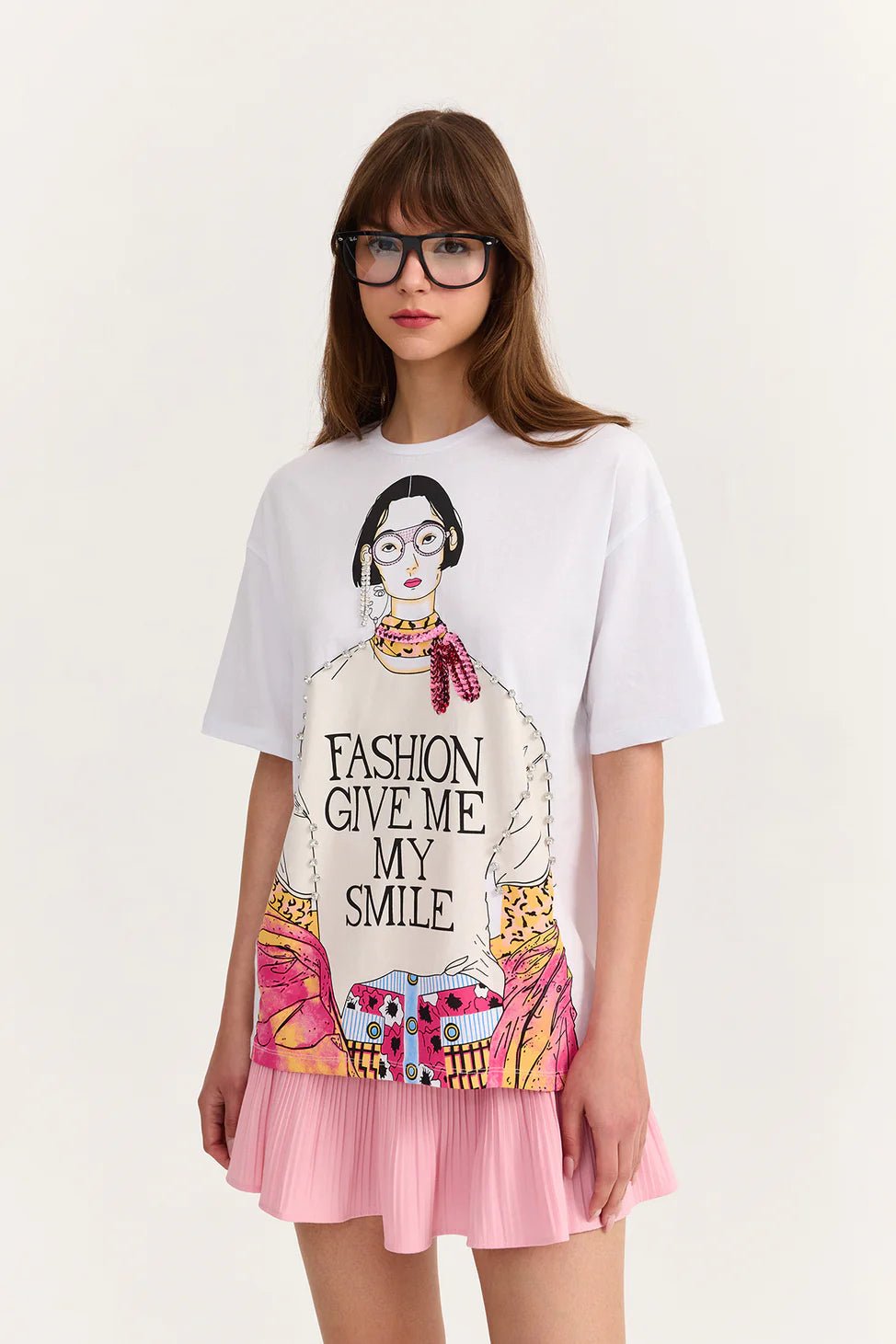 Printed T - Shirt White with Stone Accessories - Lebbse