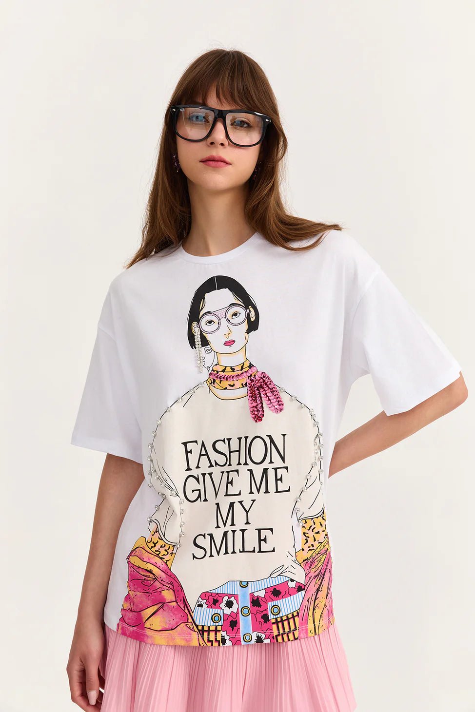 Printed T - Shirt White with Stone Accessories - Lebbse