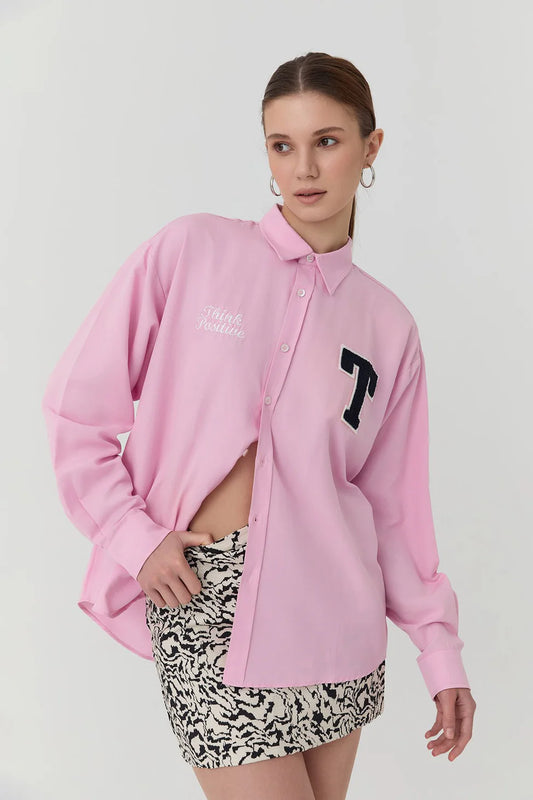 Embroidery Printed Oversize Shirt Pink
