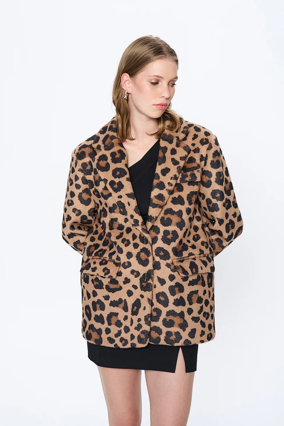 Leopard Patterned Oversize Cashmere Blazer Jacket Camel