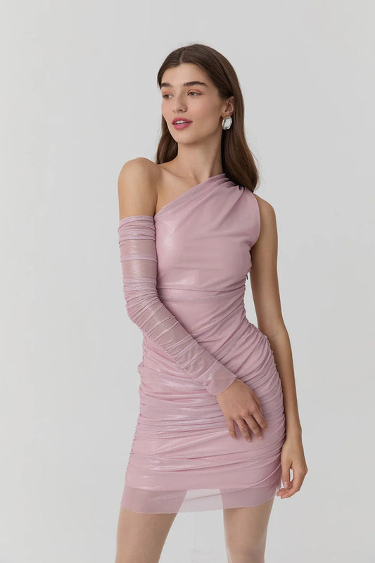 Drape Detail One Sleeve Shiny Dress Pink