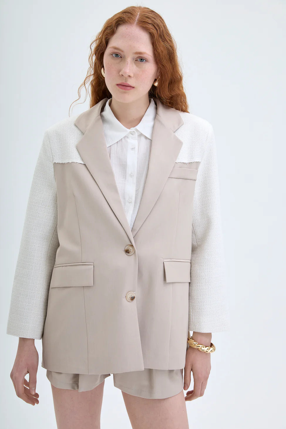 Double Breasted Textured Match Blazer Jacket Beige