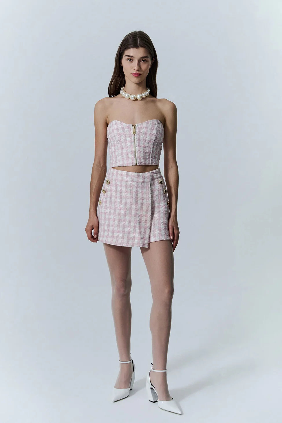 Button Detailed Tweed Shorts Skirt Pink