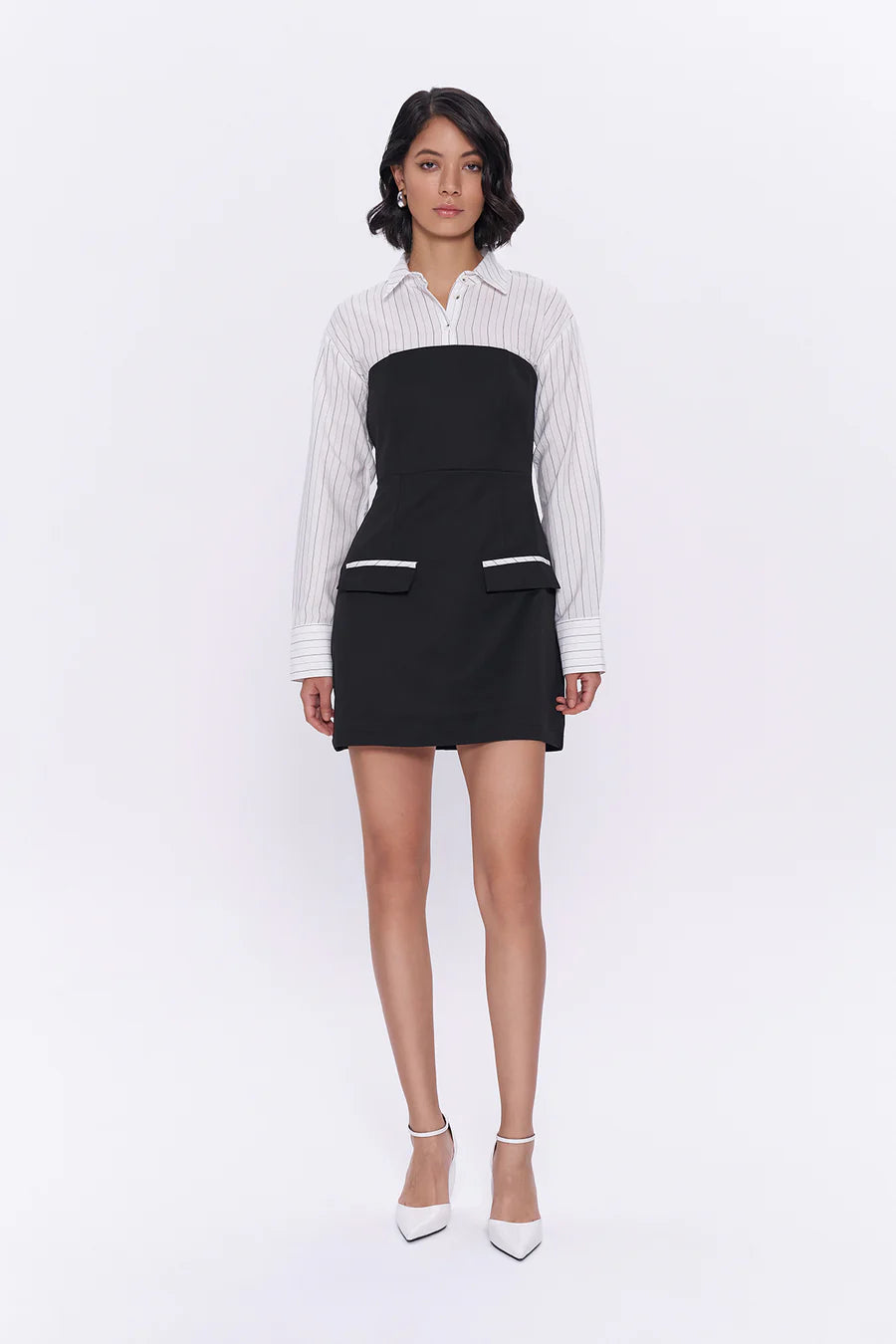 Shirt Match Pocket Flap Mini Dress Black