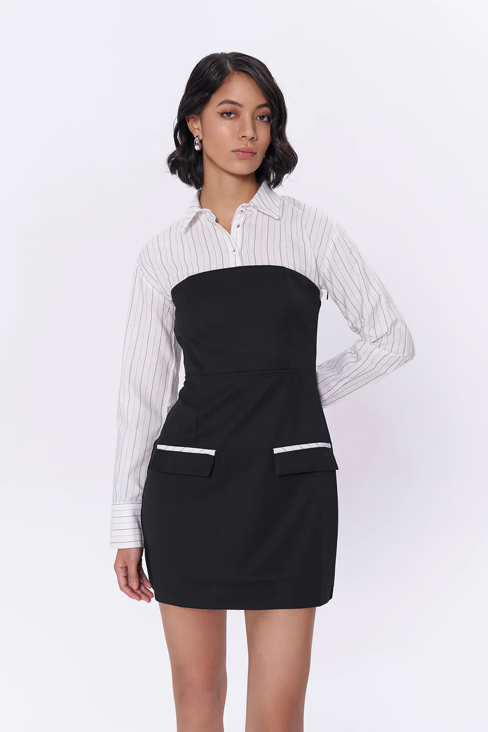 Shirt Match Pocket Flap Mini Dress Black