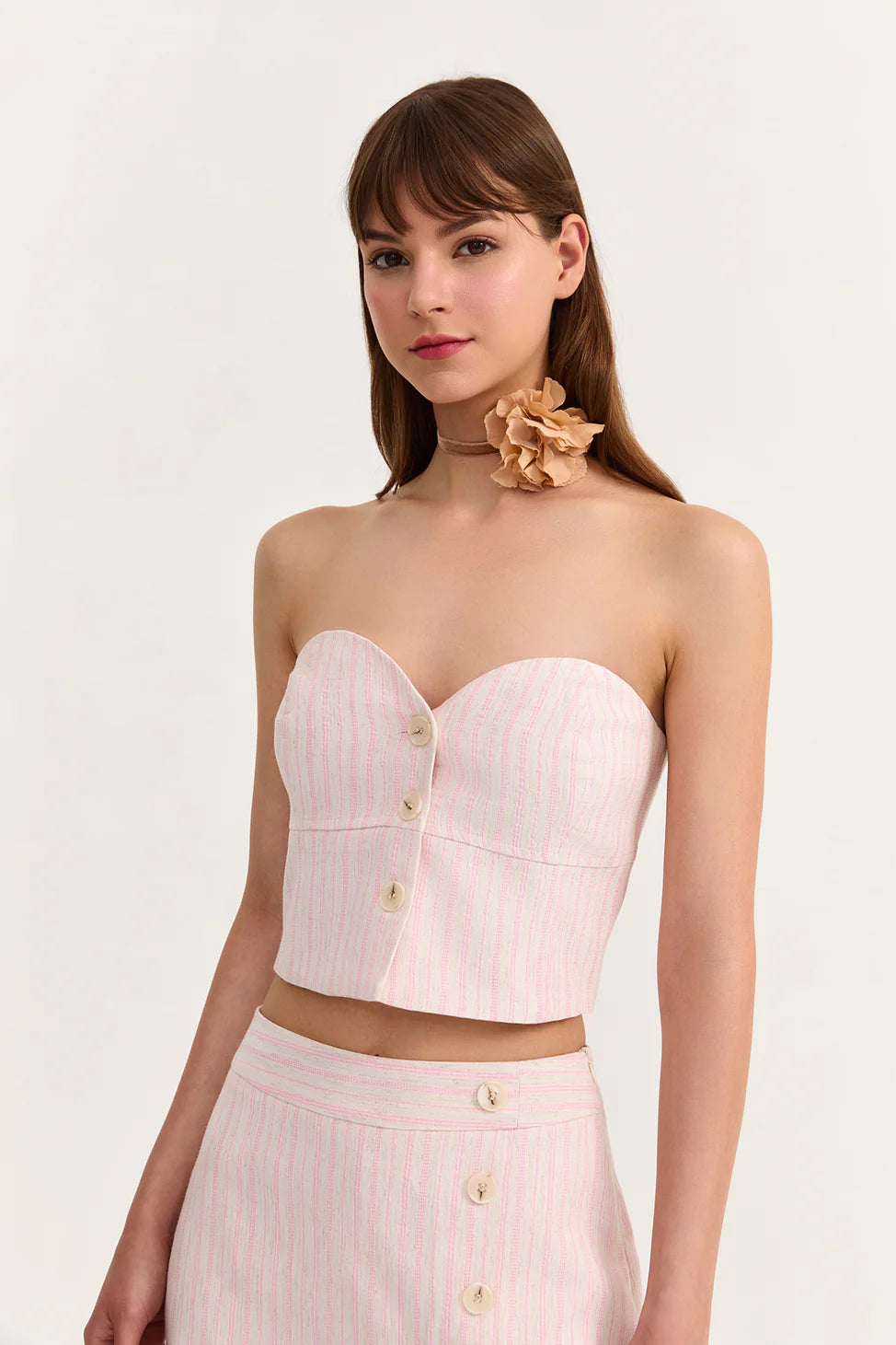 Button Detailed Striped Strapless Blouse Pink