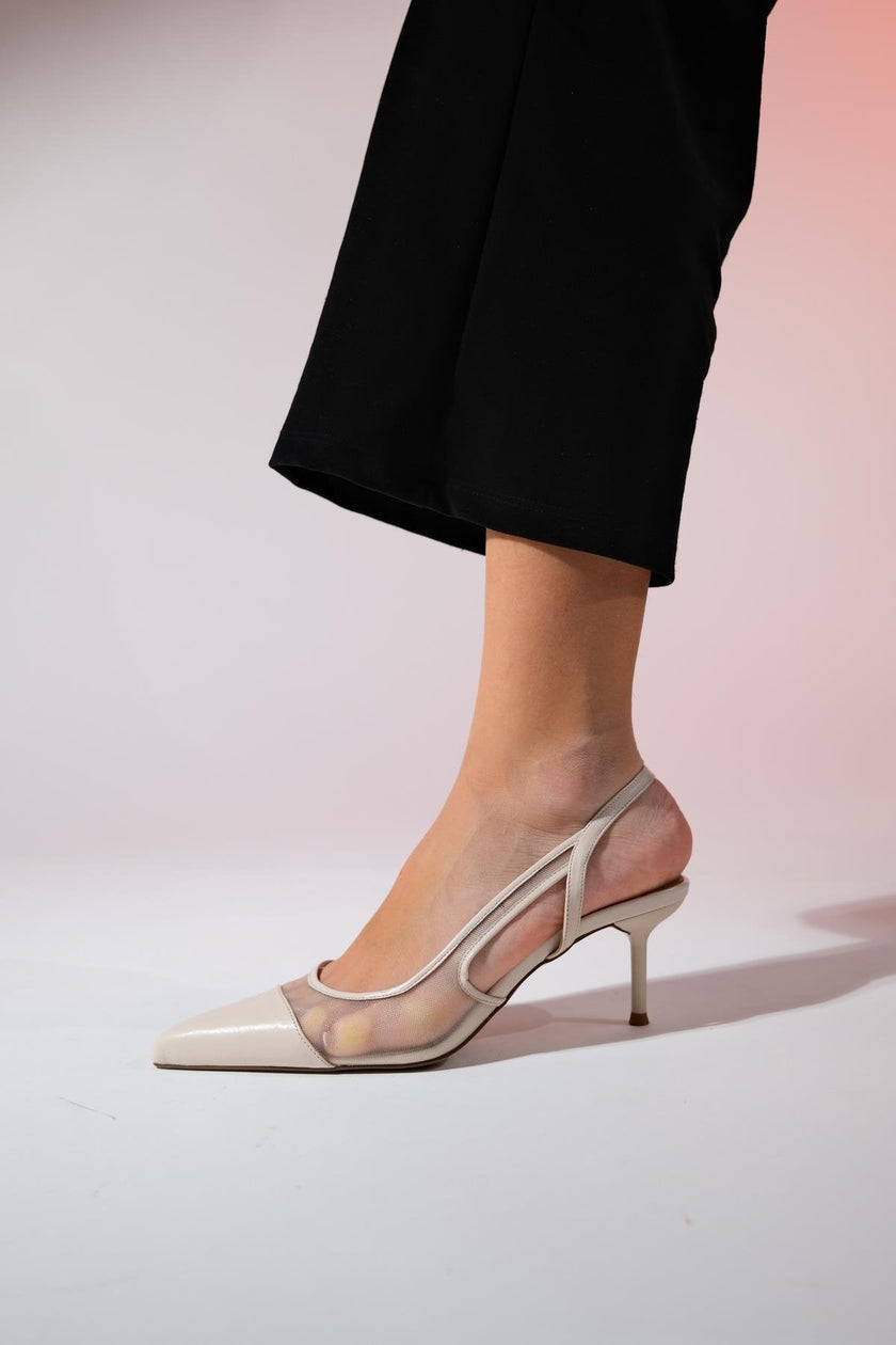 RAVENNA Beige Women's Pointed Toe Open Back Thin Heeled Shoes - Lebbse