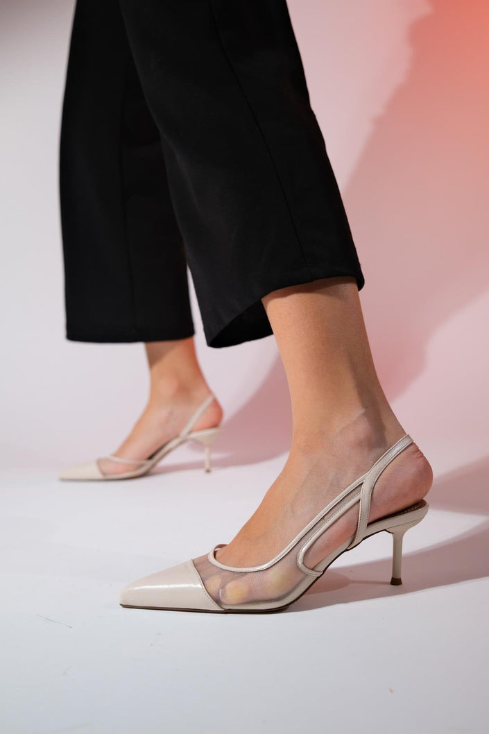 RAVENNA Beige Women's Pointed Toe Open Back Thin Heeled Shoes - Lebbse