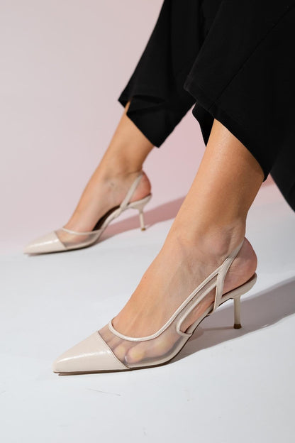 RAVENNA Beige Women's Pointed Toe Open Back Thin Heeled Shoes - Lebbse