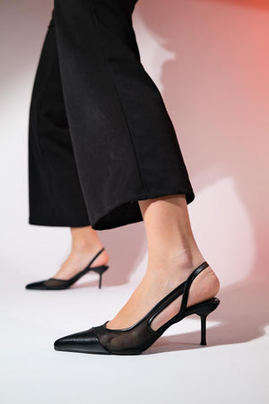RAVENNA Black Women's Pointed Toe Open Back Thin Heeled Shoes - Lebbse