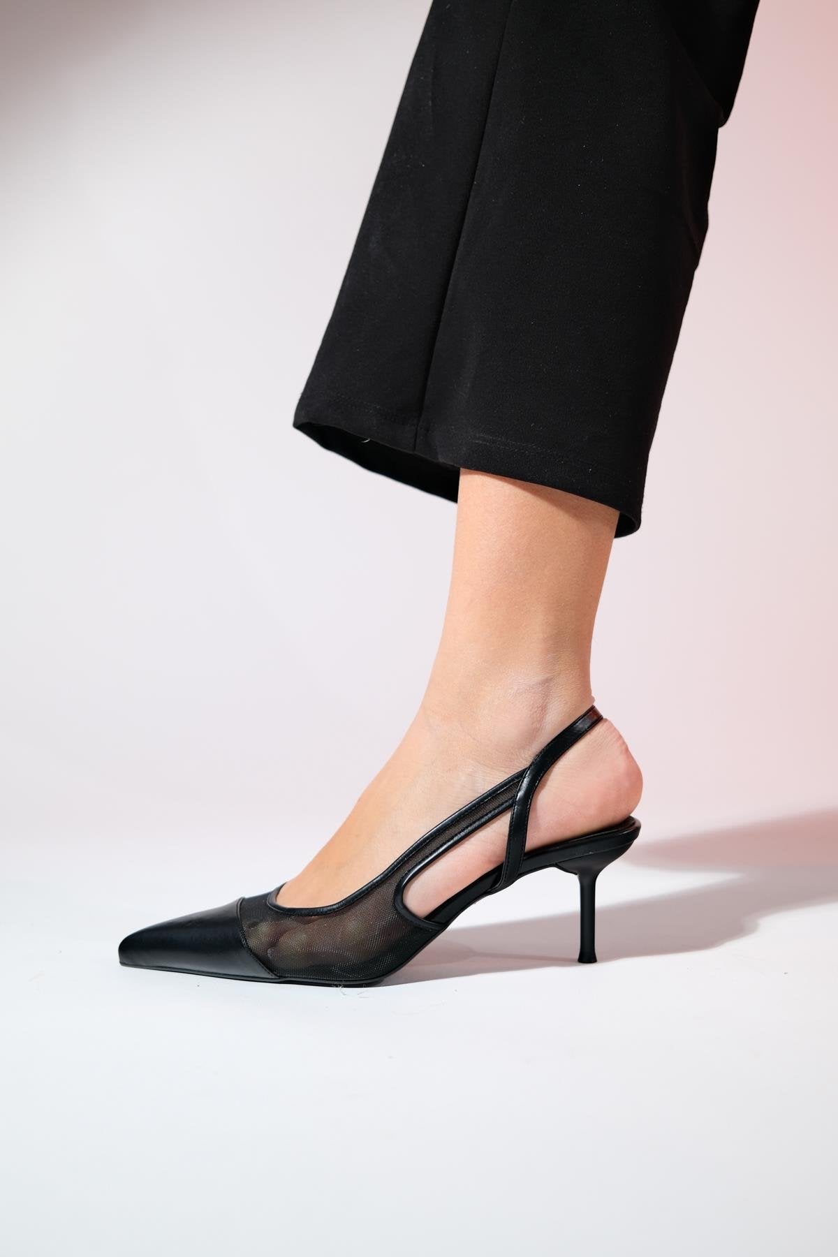 RAVENNA Black Women's Pointed Toe Open Back Thin Heeled Shoes - Lebbse