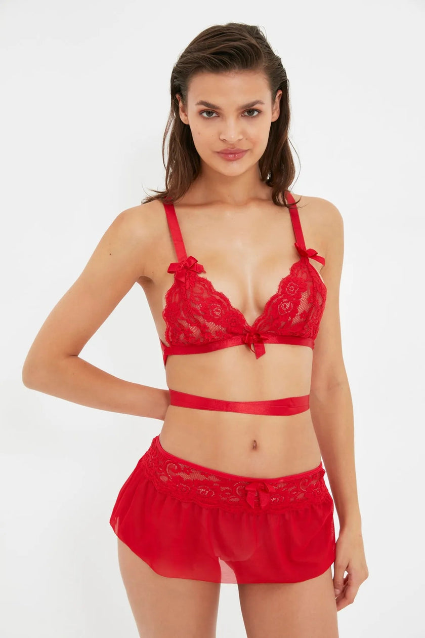 Red Lace Non - wired Cupless Knitted Underwear Set - Lebbse