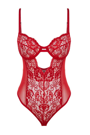 Red Lace Window/Cut Out Detail Snap Bodysuit - Lebbse