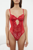 Red Lace Window/Cut Out Detail Snap Bodysuit - Lebbse