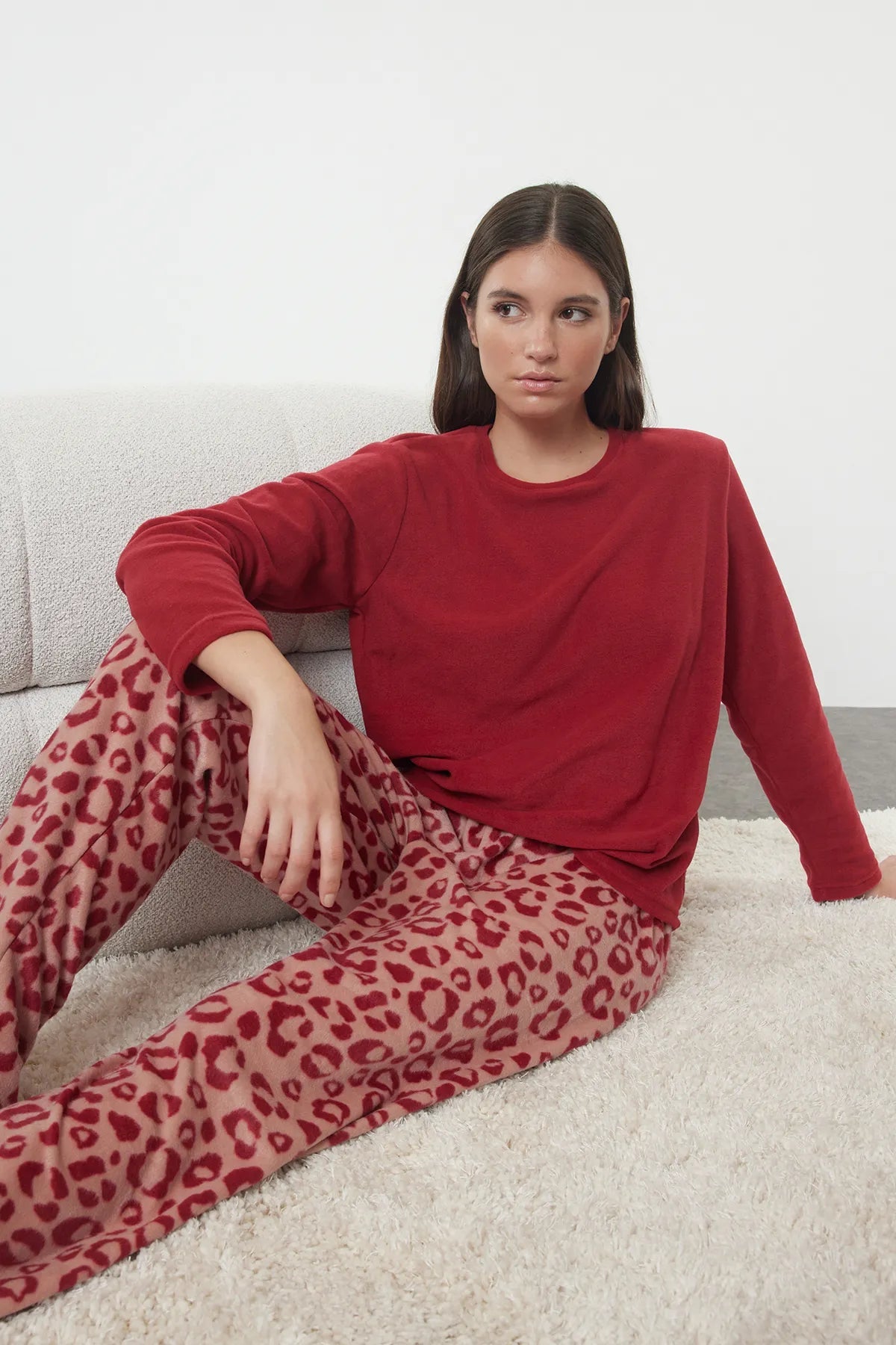 Red Leopard Patterned Polar Fleece Winter Knitted Pajama Set - Lebbse