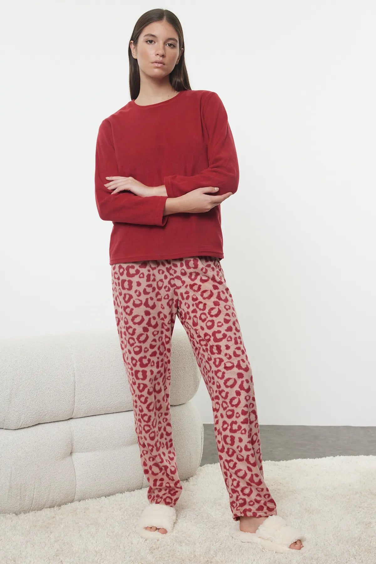 Red Leopard Patterned Polar Fleece Winter Knitted Pajama Set - Lebbse