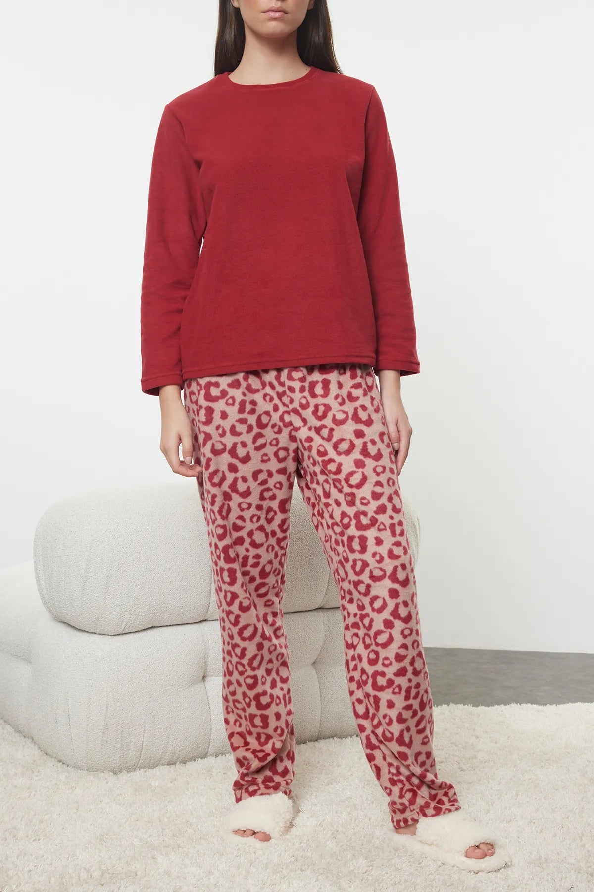 Red Leopard Patterned Polar Fleece Winter Knitted Pajama Set - Lebbse